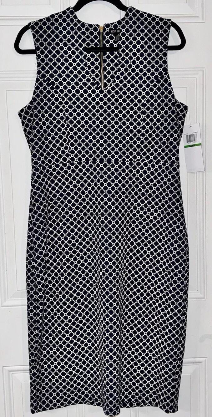 Nina Leonard NWT LG Navy White V Neck Geometric Nautical Gold Back Zip Dress